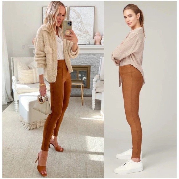 Spanx Faux Suede Leggings Rich Caramel Tan High Waisted Slimming Petite Medium